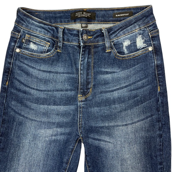 Judy Blue Slim Bootcut Jeans Sz 5/27" Petite Dark Wash Split Hem Stretch Denim - Picture 5 of 15